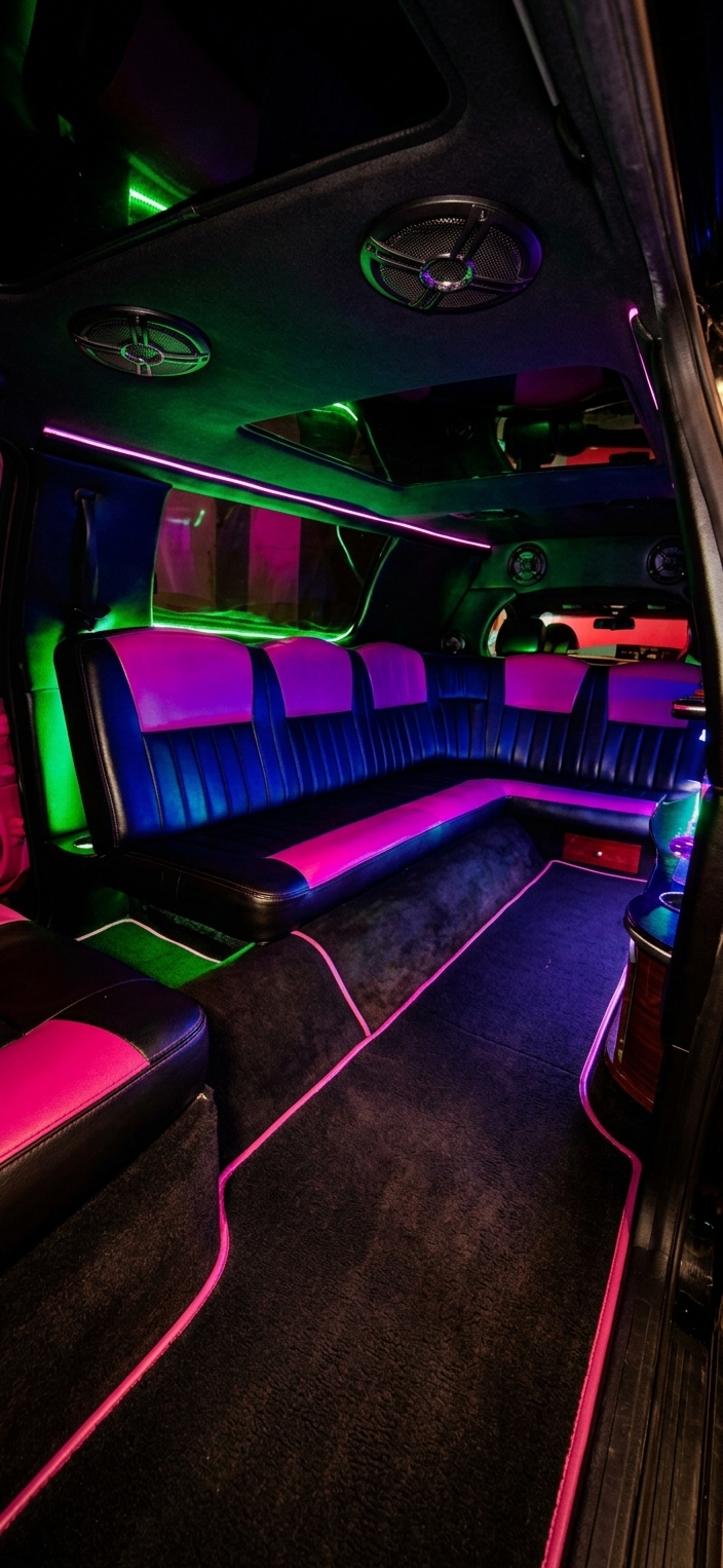 Pink Lincoln limousine interior with L-shaped seating and neon lights