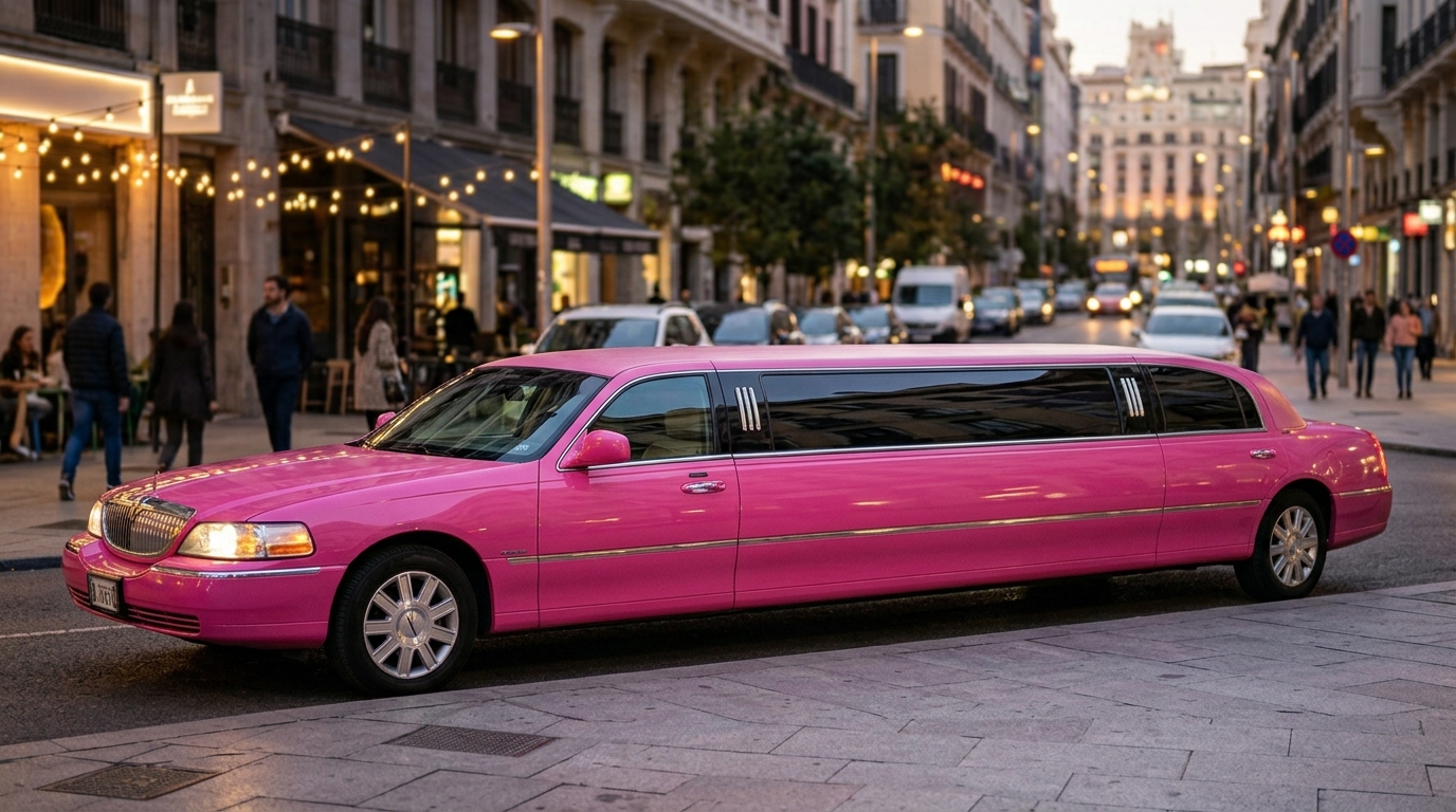 Pink Lincoln limousine parked on a Madrid street